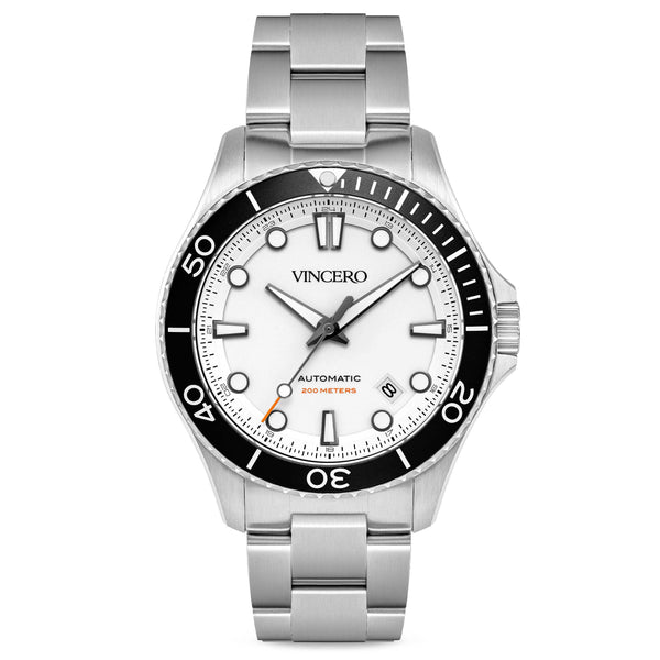 A Vincero automatic diver watch with a silver bracelet, black and white dial, and silver casing.