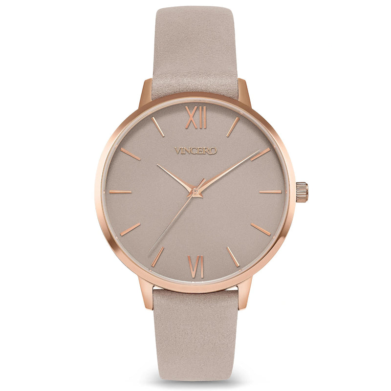 Eros Taupe Italian Leather Strap Taupe Watch Face Rose Gold Case Clasp Rose Gold Accents