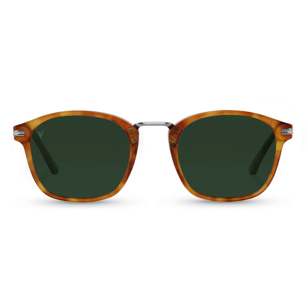 A pair of square-shaped sunglasses with a honey tortoise acetate frame and green polarized lenses.