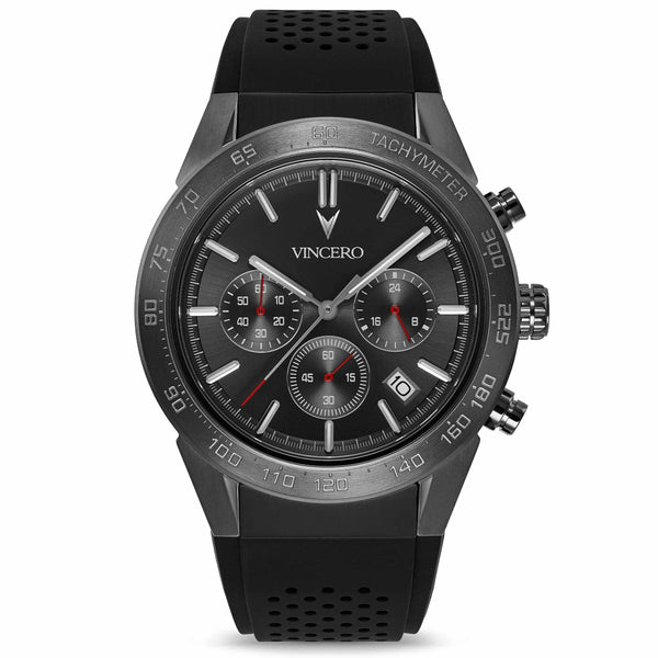 A digital rendering of a Vincero Rogue watch with a gunmetal case, black silicone strap, and red accents on the dial.