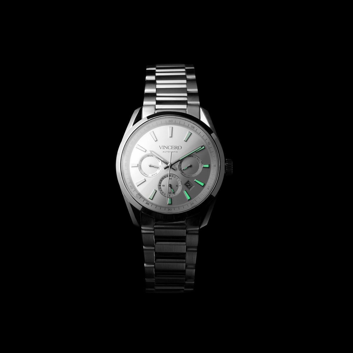 Silver wristwatch with a black strap on a white background