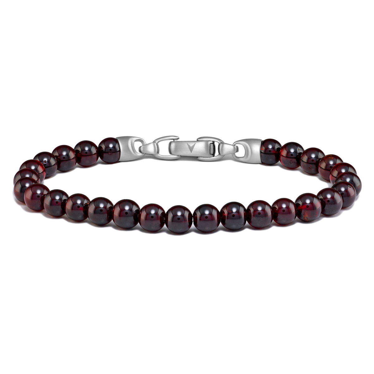 Garnet beaded bracelet with silver clasp on a white background