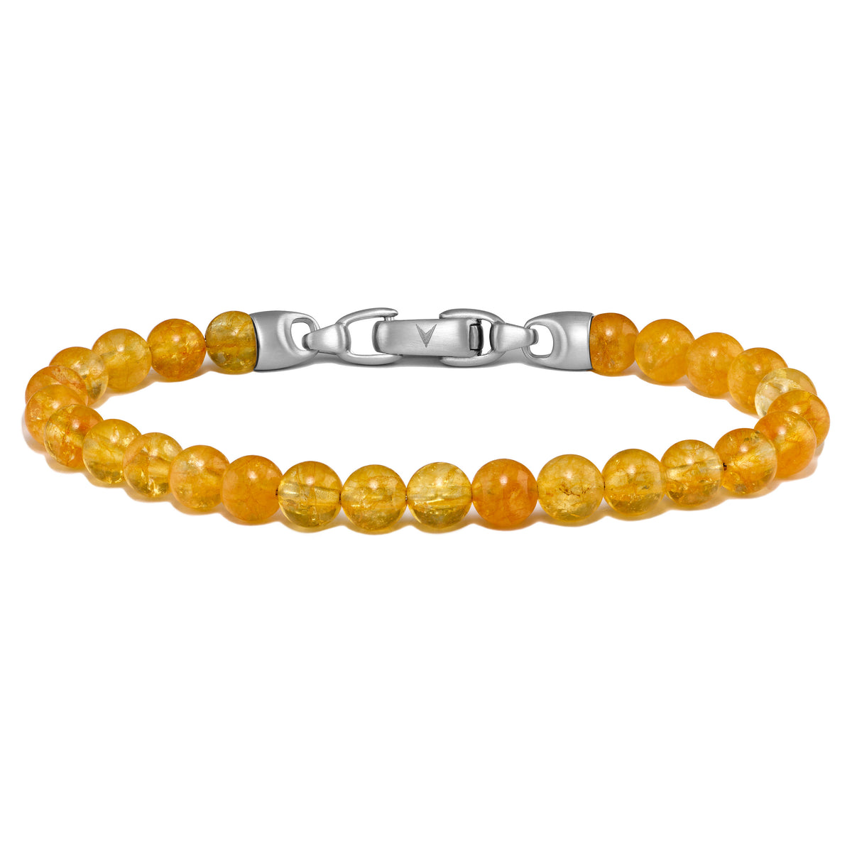 Citrine mens bracelet with birthstone yellow beads and a silver clasp on a white