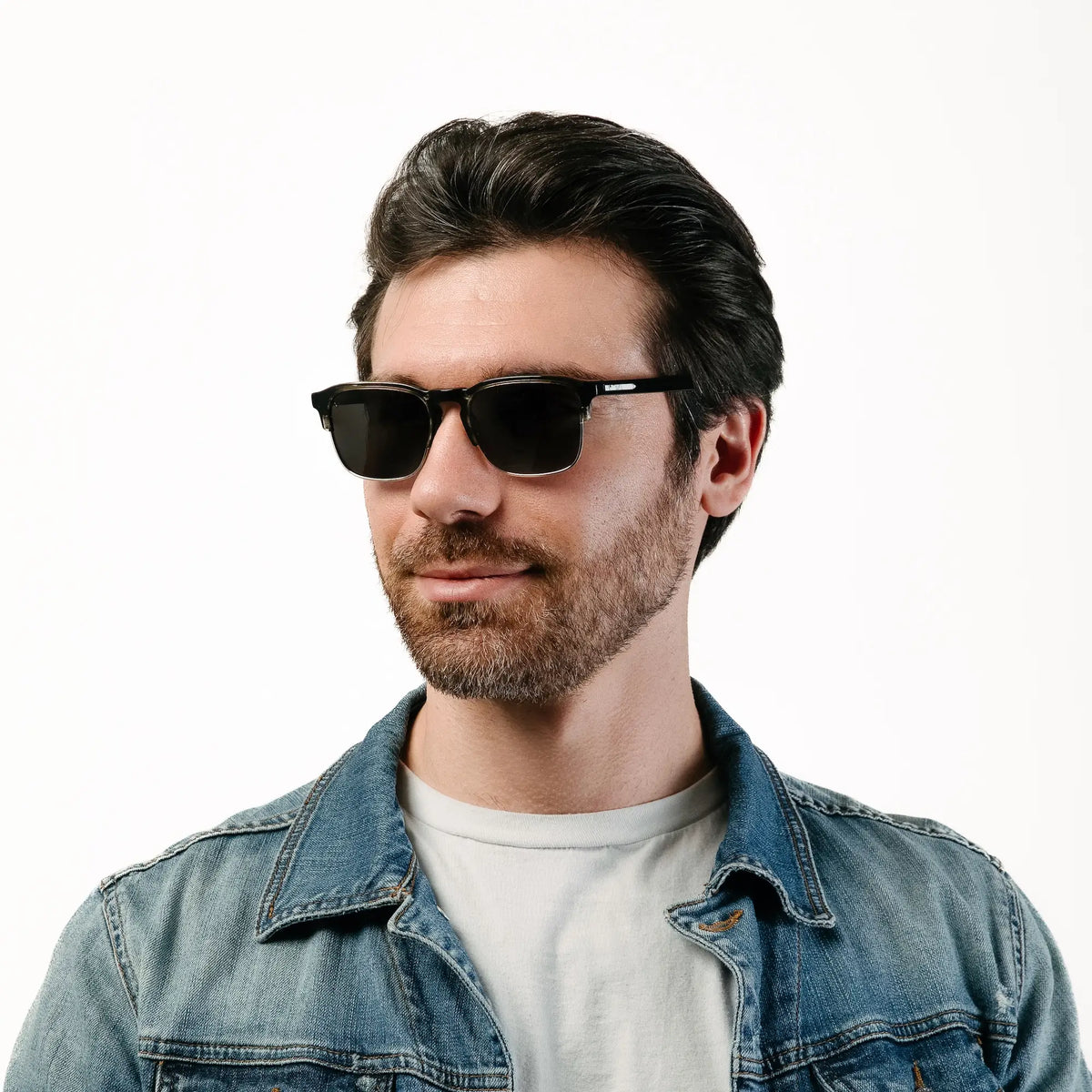 Man wearing sunglasses and a denim jacket on a white background