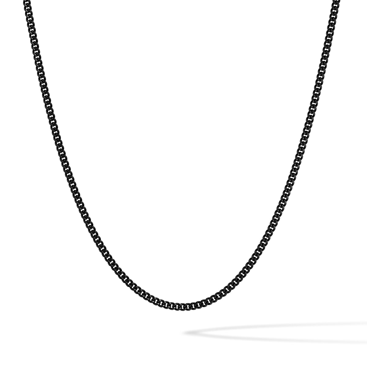 A black box chain necklace shown against a plain white background, forming a U-shape with the top ends cropped out of frame.