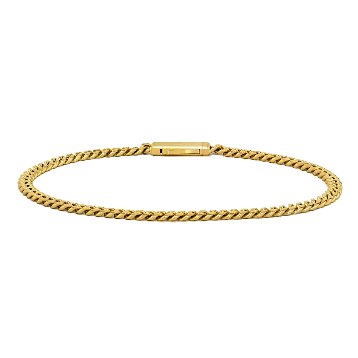 A gold-toned curb chain bracelet with a rectangular clasp, shown against a plain white background.