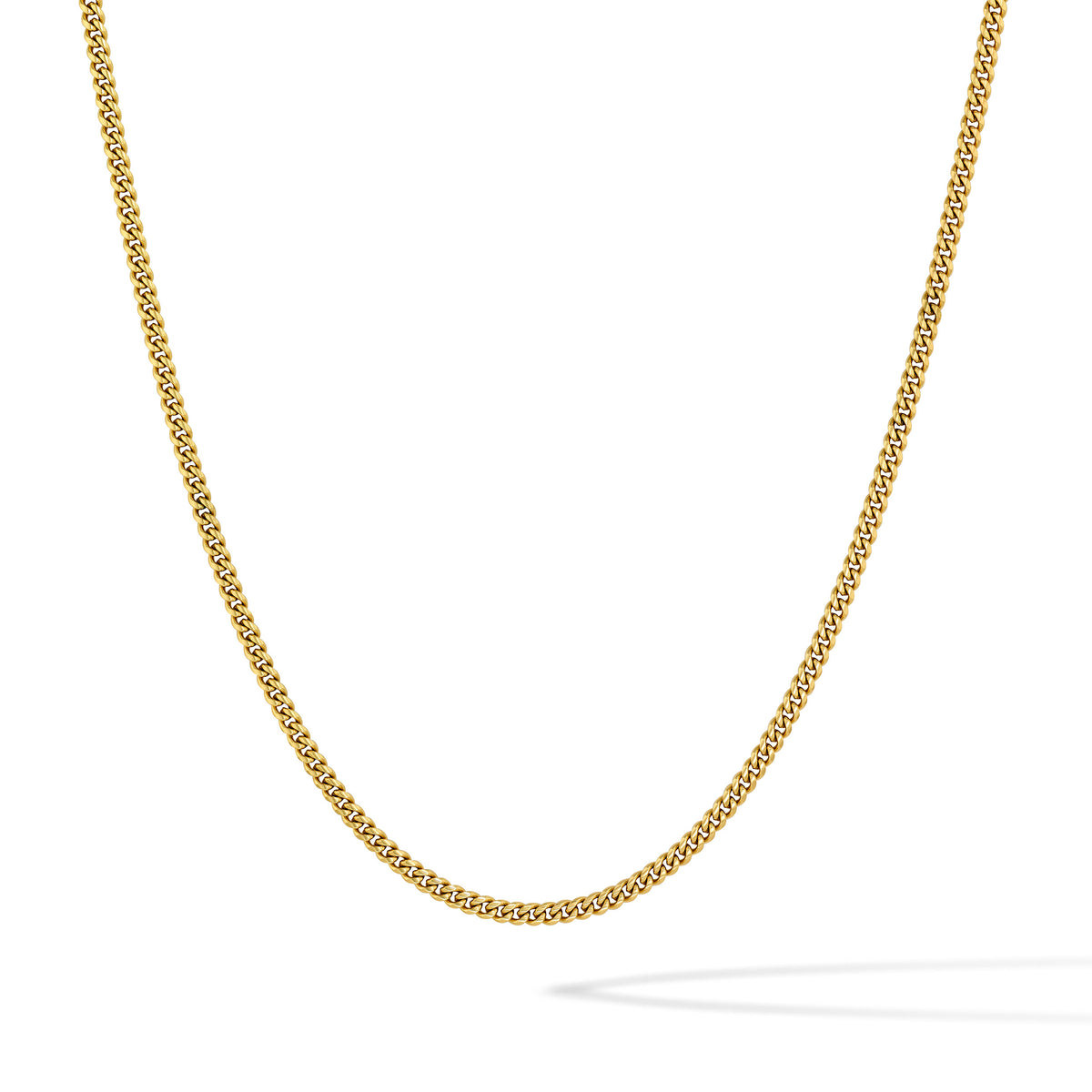 A gold chain necklace with a textured, woven link design, shown in a clean U-shape against a solid white background.