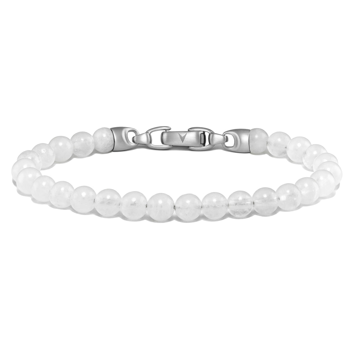 White beaded bracelet with silver clasp on a white background