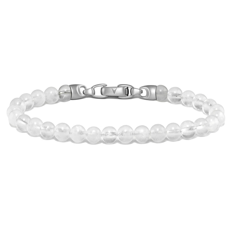 White beaded bracelet with silver clasp on a white background