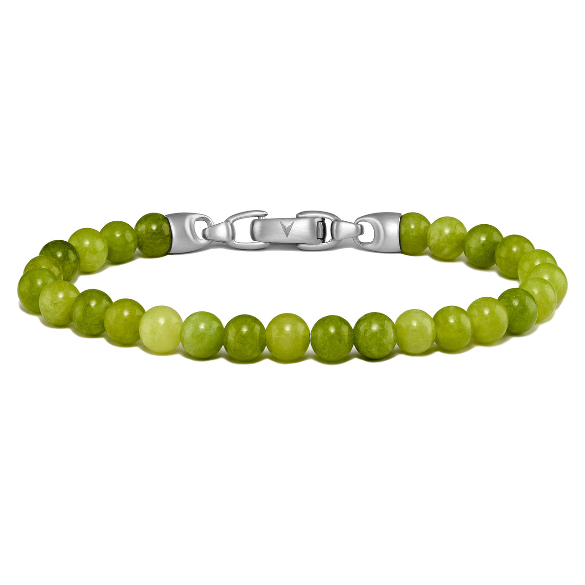 Mens Peridot birhtstone beaded bracelet with silver clasp on a white background