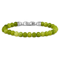 Mens Peridot birhtstone beaded bracelet with silver clasp on a white background
