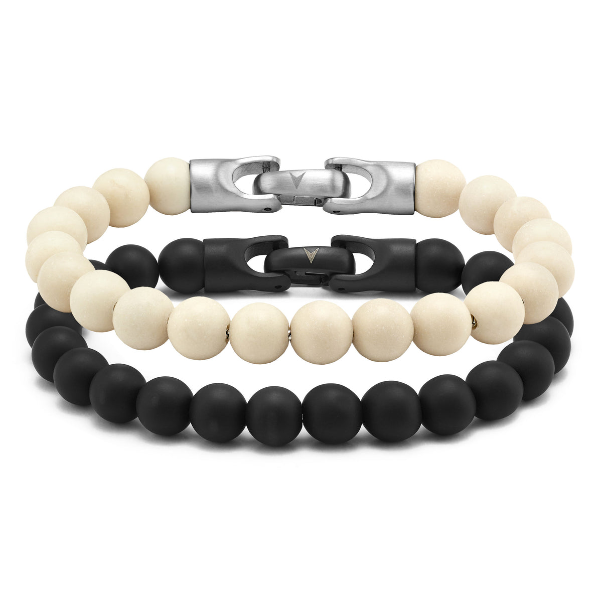 Two beaded bracelets, one with black onyx beads and one with riverstone beads, both featuring silver clasps, displayed against a white background.