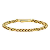 A gold-toned Cuban link chain bracelet with a polished rectangular clasp, shown against a plain white background.