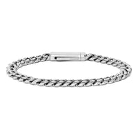 A silver-toned metal curb link bracelet with a polished rectangular clasp, shown against a plain white background.