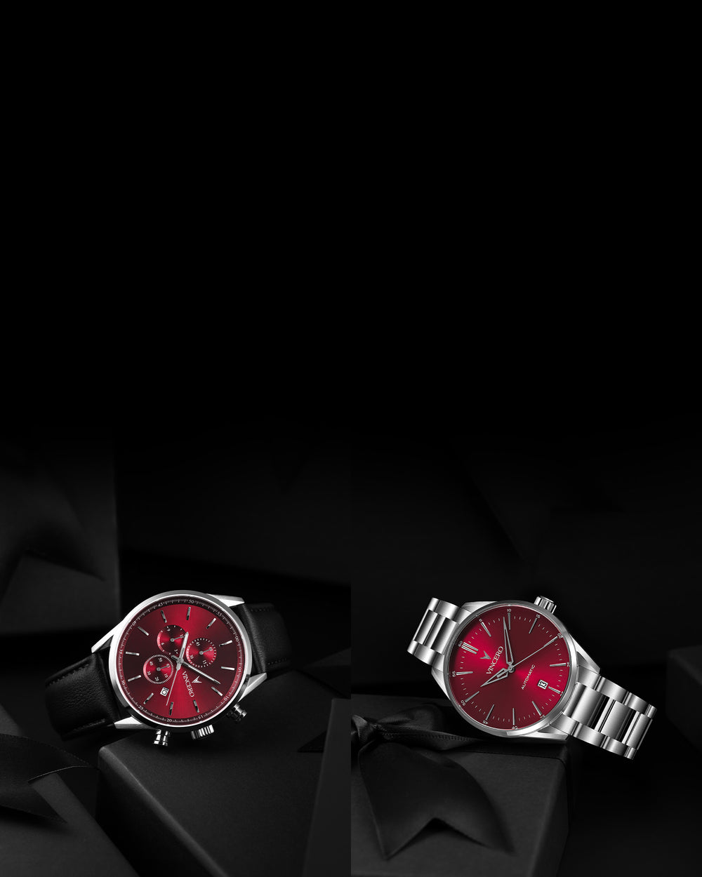 Two watches with red faces on a black background