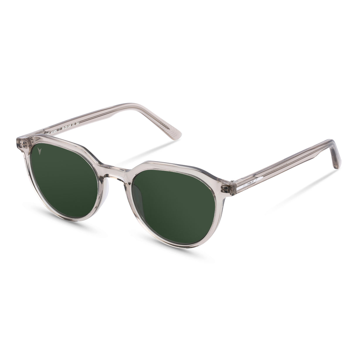 Sunglasses with transparent frame and green lenses on a white background