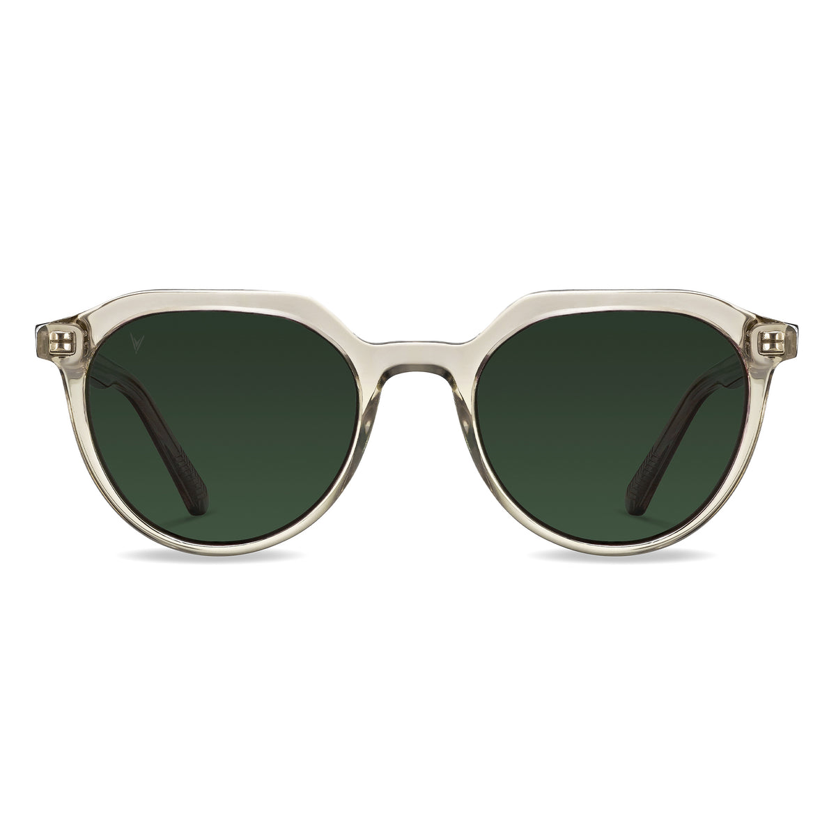 A pair of round-framed champagne-colored sunglasses with green tinted lenses and marble inlay on the temples.