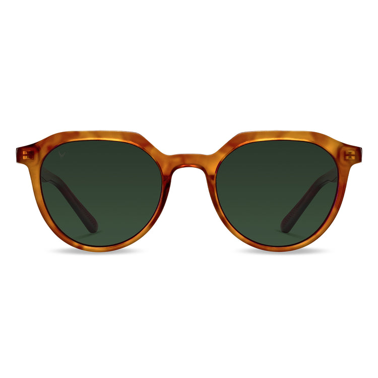 A pair of round full frame sunglasses with a honey tortoise pattern frame and green polarized lenses.