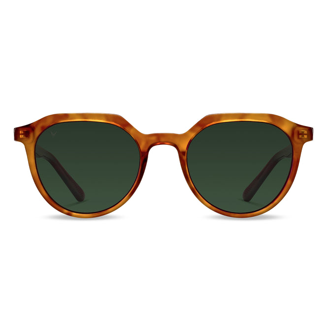 A pair of round full frame sunglasses with a honey tortoise pattern frame and green polarized lenses.
