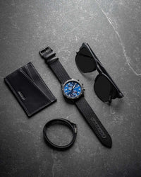 Altitude Black Cordura Nylon Strap Blue Watch Face Black Case Clasp White and Red Accents