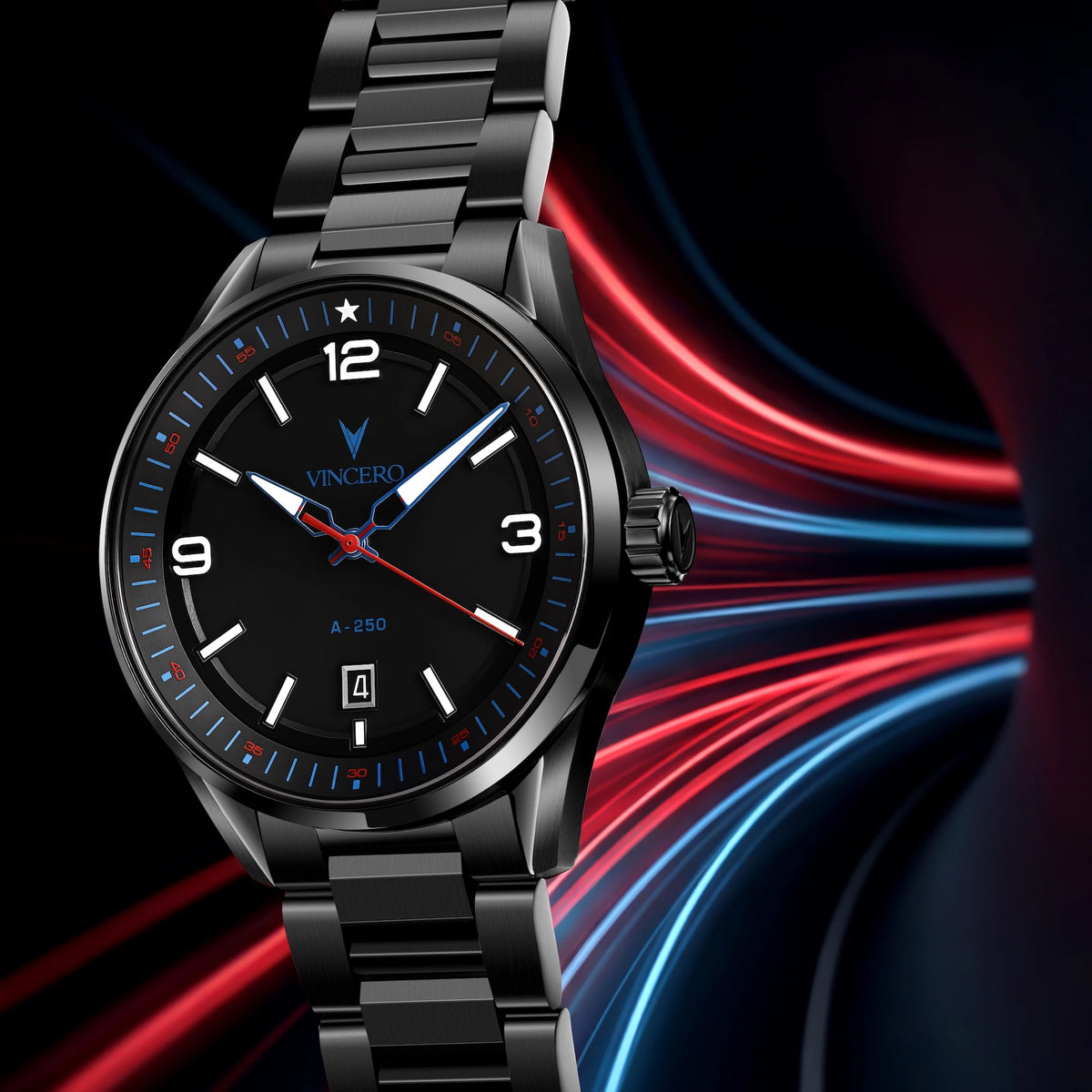 A black stainless steel wristwatch with a black dial, featuring white Arabic numerals, blue minute markers, and a date window at the 3 o'clock position. The brand name 'VINCERO' is printed on the dial.