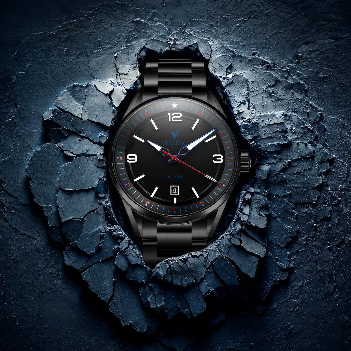 A black analog watch with a matching black metal bracelet, featuring a textured black dial with white and red accents, presented in a dramatic scene that appears to burst through a dark, cracked stone surface.