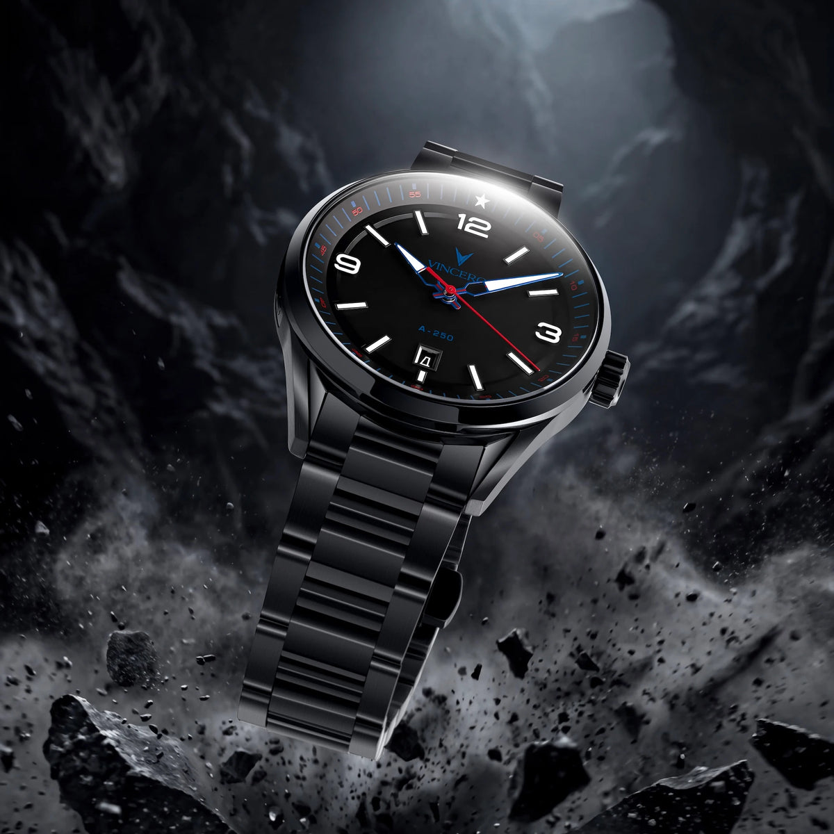 A black smartwatch with a metallic link band, shown floating against a dark, rocky, space-like background. The watch face is black with white numerals and hands, and a thin red second hand.