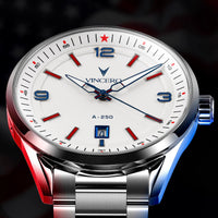 A close-up of a VINCERO A-250 men's watch featuring a white dial, silver stainless steel case and bracelet, with red and blue accents on the bezel, hands, and indices.
