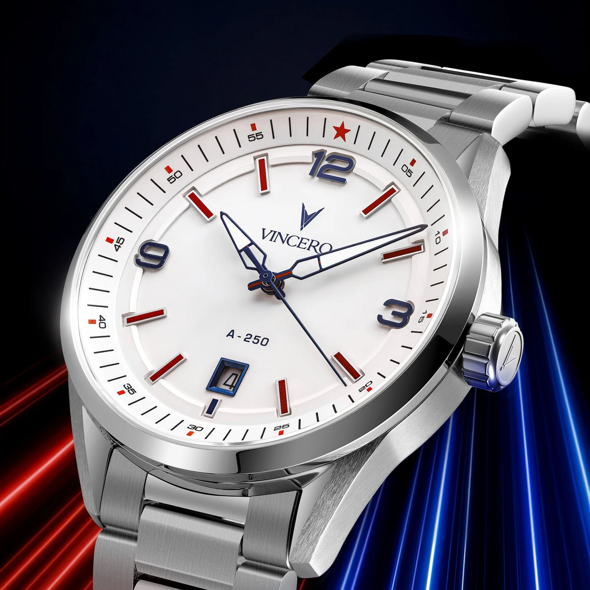A silver stainless steel wristwatch with a white dial, featuring red and blue accents on the bezel and face, branded with the VINCERO name. The watch is shown at a dynamic angle against a dark background with red and blue light streaks.