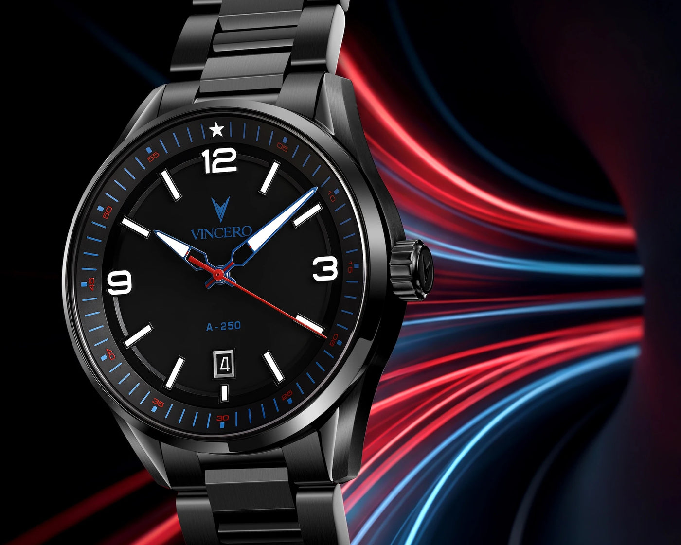 A black VINCERO wristwatch with a matching black metal link bracelet, featuring a black dial with white Arabic numerals, blue hands, and red accents, set against a dark background with red and blue light streaks.