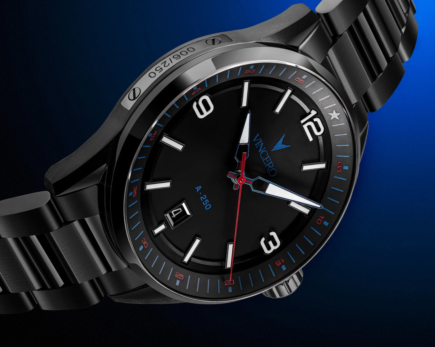 A close-up of a black analog watch with a matching black metal bracelet, featuring a black dial, white Arabic numerals, a red second hand, and a blue VANGU brand logo on a dark blue gradient background.