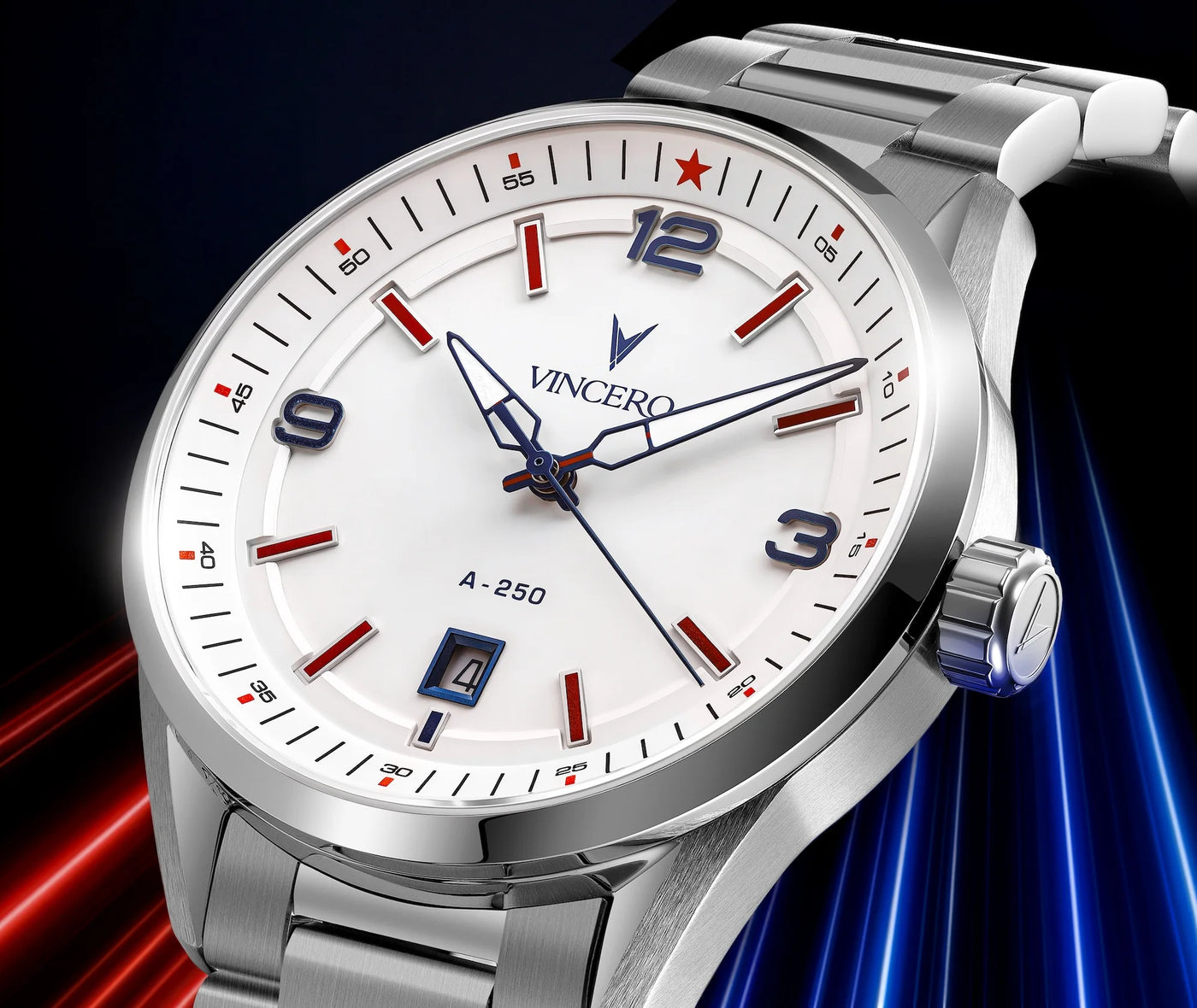 A close-up of a silver stainless steel wristwatch with a white dial, featuring red and blue accents, including a star at the 12 o'clock position and the brand name VINCERO on the dial.