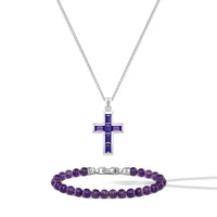 Silver cross pendant with purple accents and a matching bracelet on a white background