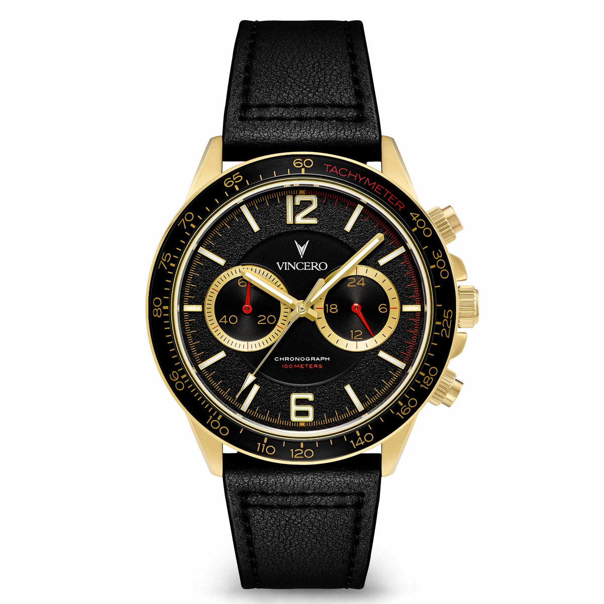 A luxury chronograph watch by Vincero, featuring a black textured leather strap, a gold-tone case, and a black dial with gold sub-dials and hands, set against a plain white background.