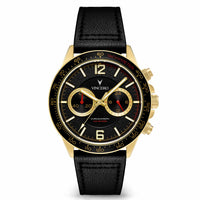 A luxury chronograph watch by Vincero, featuring a black textured leather strap, a gold-tone case, and a black dial with gold sub-dials and hands, set against a plain white background.