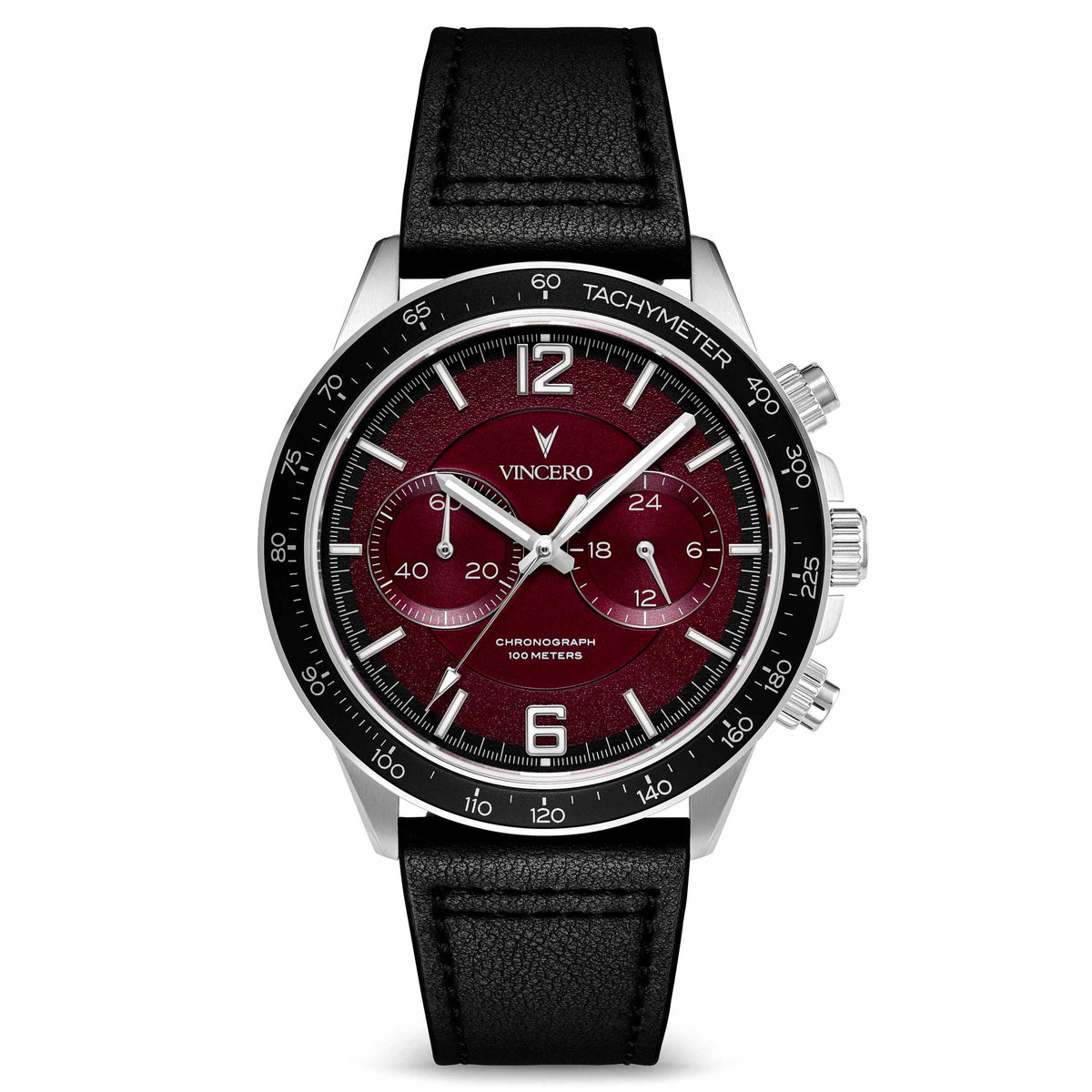 A silver and black analog watch with a red dial and a leather strap, branded by VINCERO.