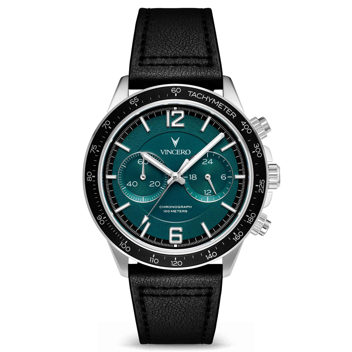 A Vincero watch with a black leather band and a green dial with silver accents, displayed on a white background.