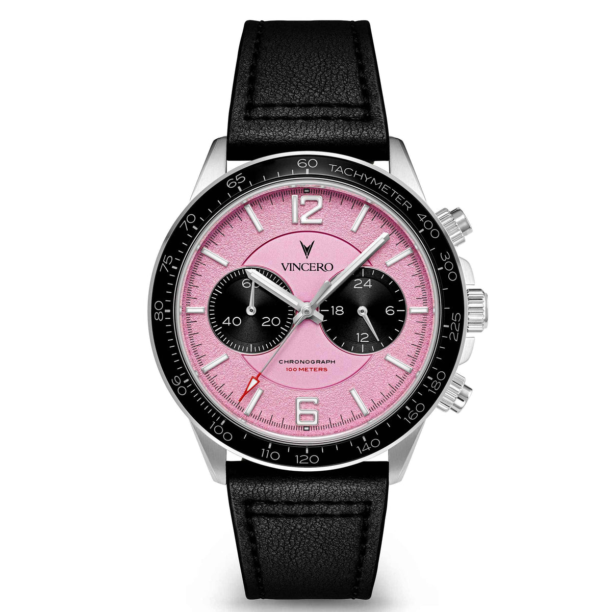 A Vincero chronograph watch with a pink dial, black bezel, and a black textured leather strap, shown against a plain white background.