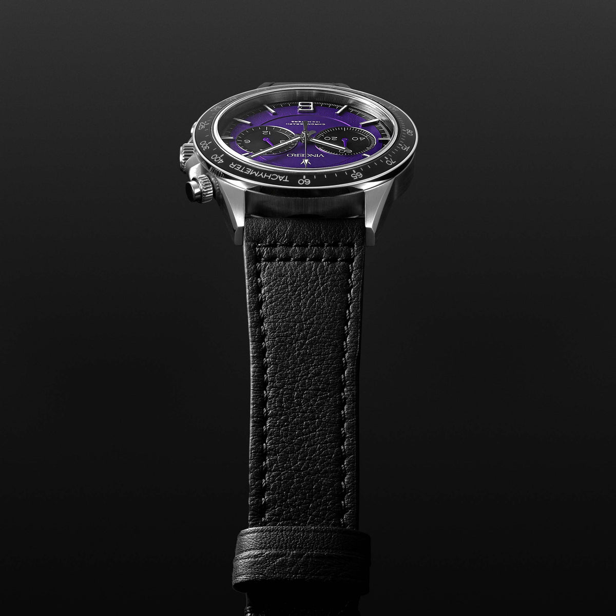 Close-up of the Apex Limited Edition Ultraviolet watch strap, featuring a black leather band.