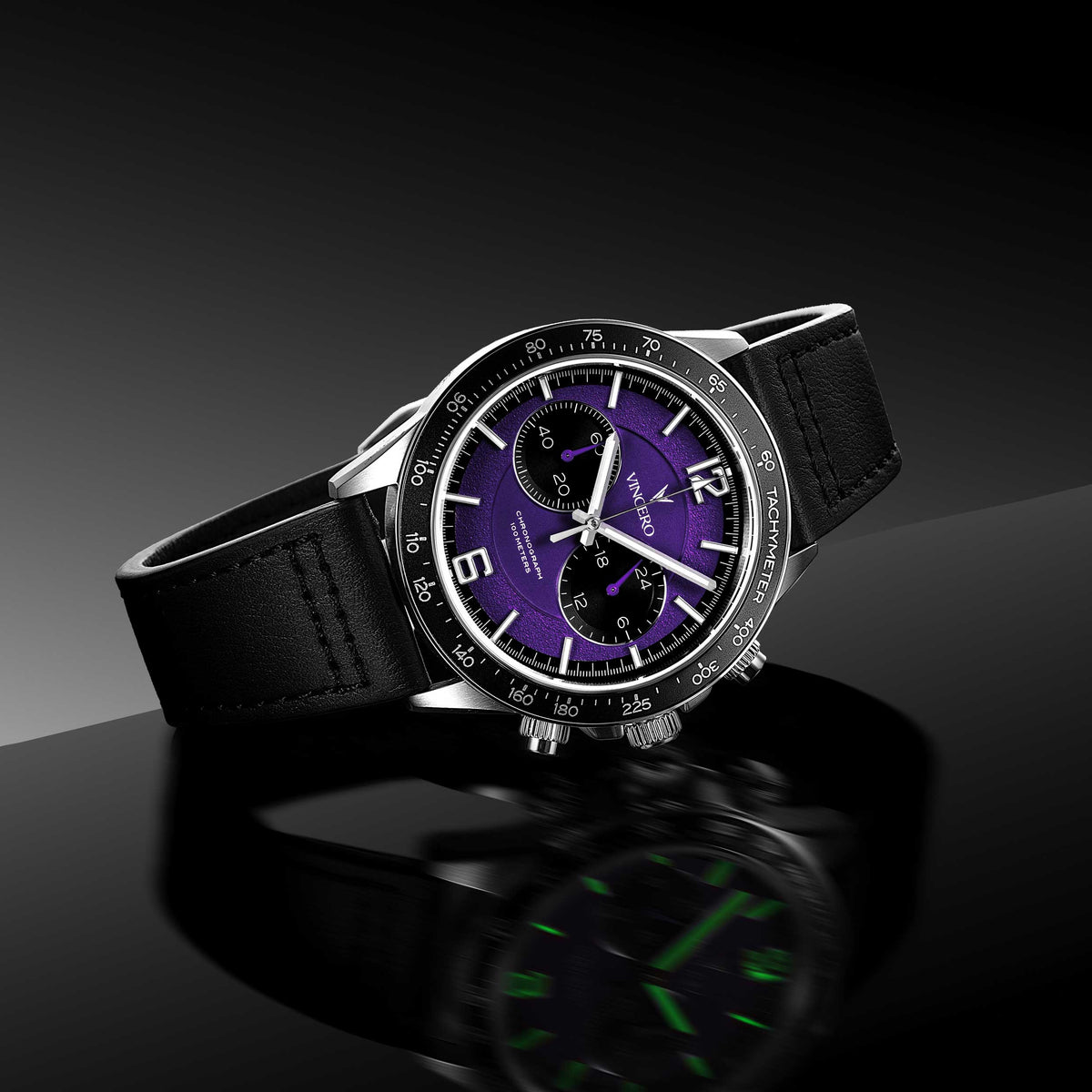 Apex Limited Edition watch, featuring a violet face, black and silver casing, and black band, displayed on its side.