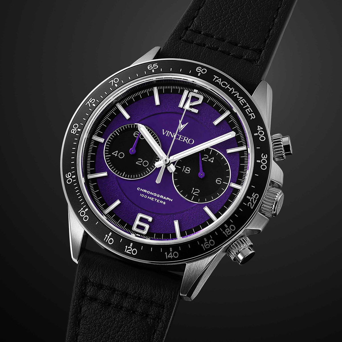 Close-up of the Apex Limited Edition Ultraviolet watch, featuring a violet face, black and silver casing, and black band.