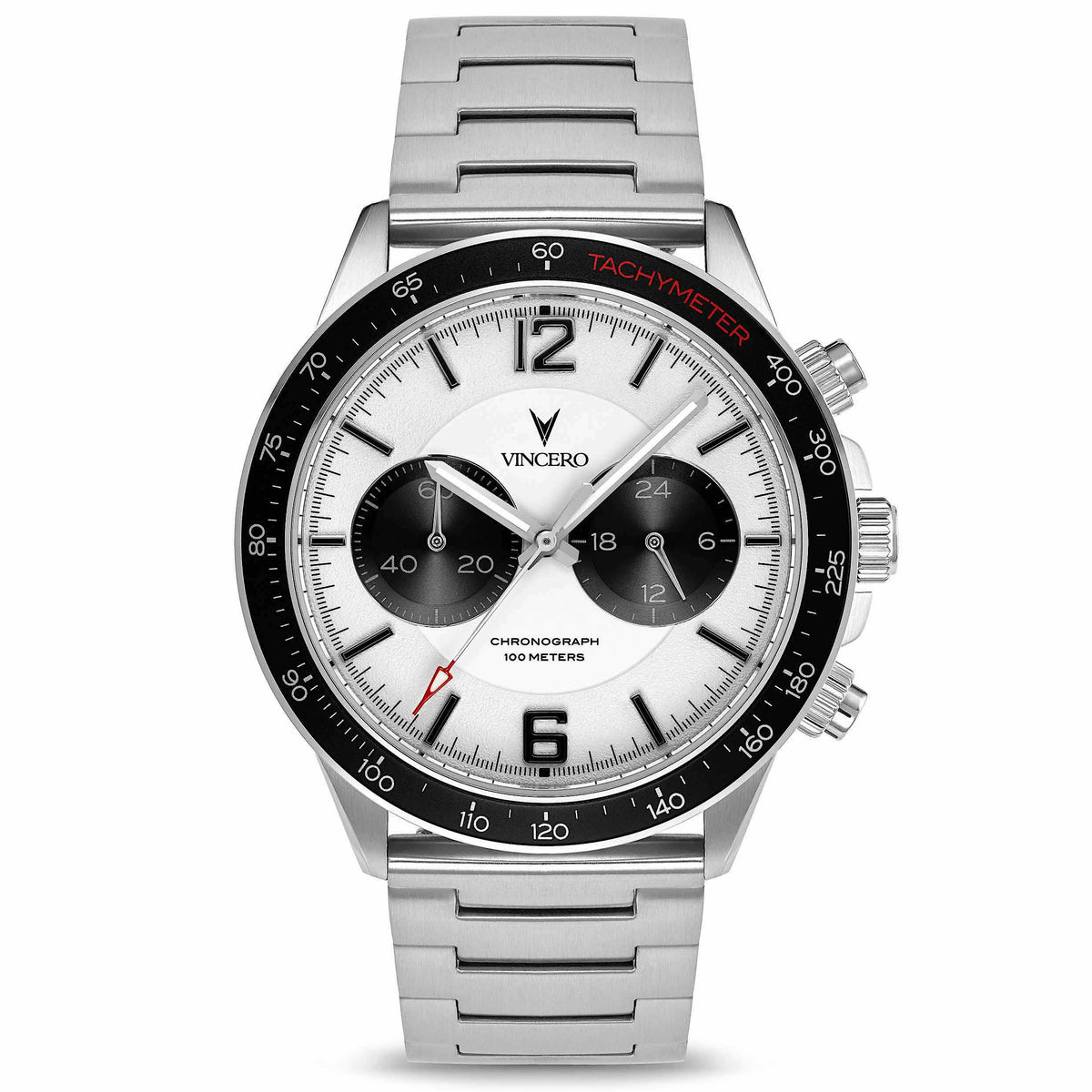 A silver stainless steel Vincero chronograph watch with a white dial, black subdials, and a red seconds hand. The watch has a brushed finish and features a 22mm width strap.