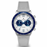 A VINCERO chronograph watch with a silver stainless steel case, a white dial with blue subdials and blue tachymeter bezel, and a textured light gray leather strap.