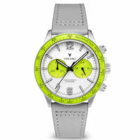 Watch with a green face and gray strap on a white background