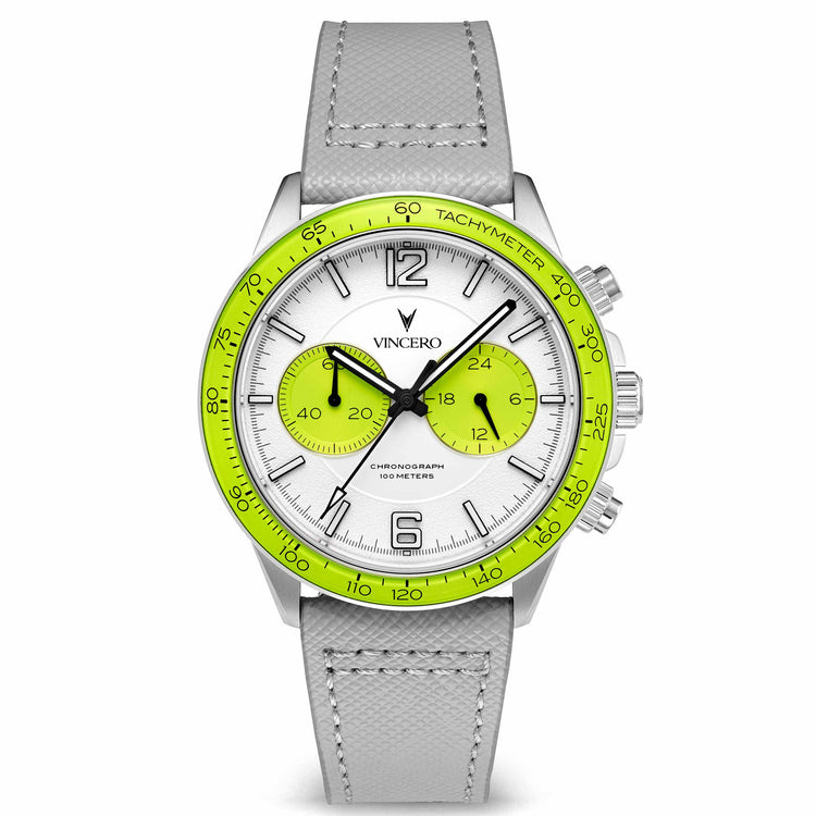 Watch with a green face and gray strap on a white background