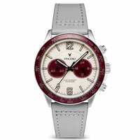 Watch with a red and silver face on a white background