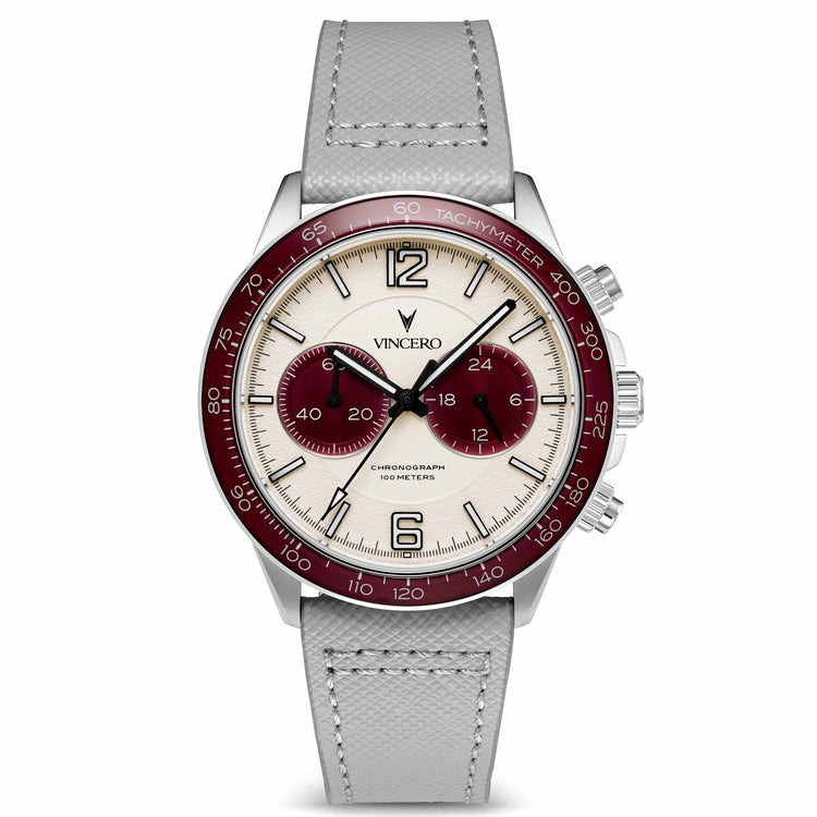 Watch with a red and silver face on a white background