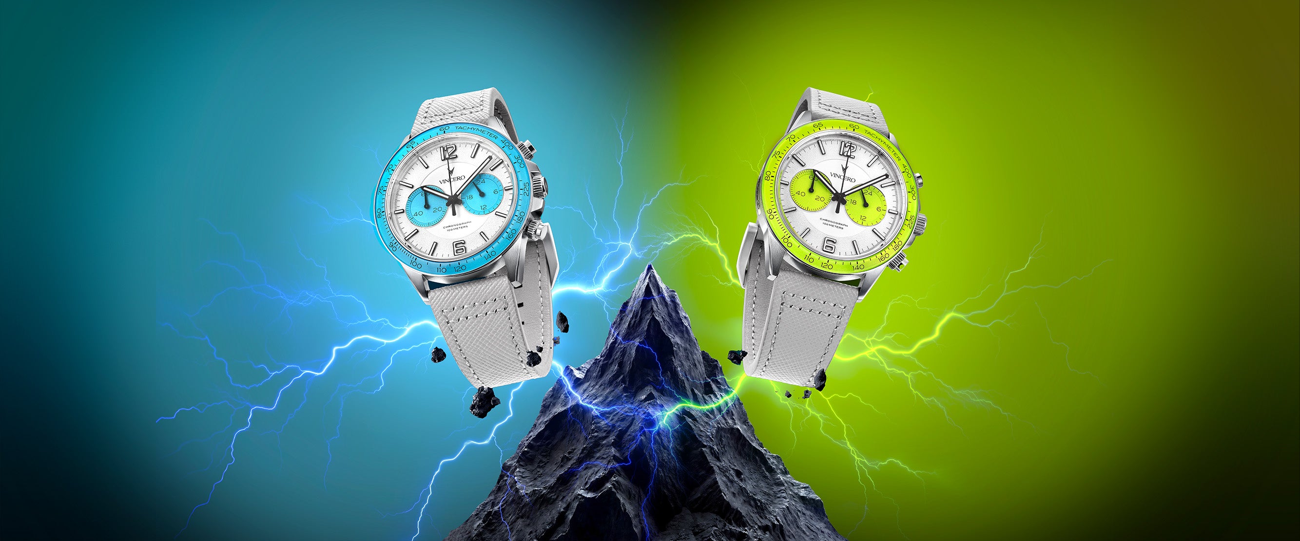 Two watches with colorful faces on a mountain peak with lightning effects.