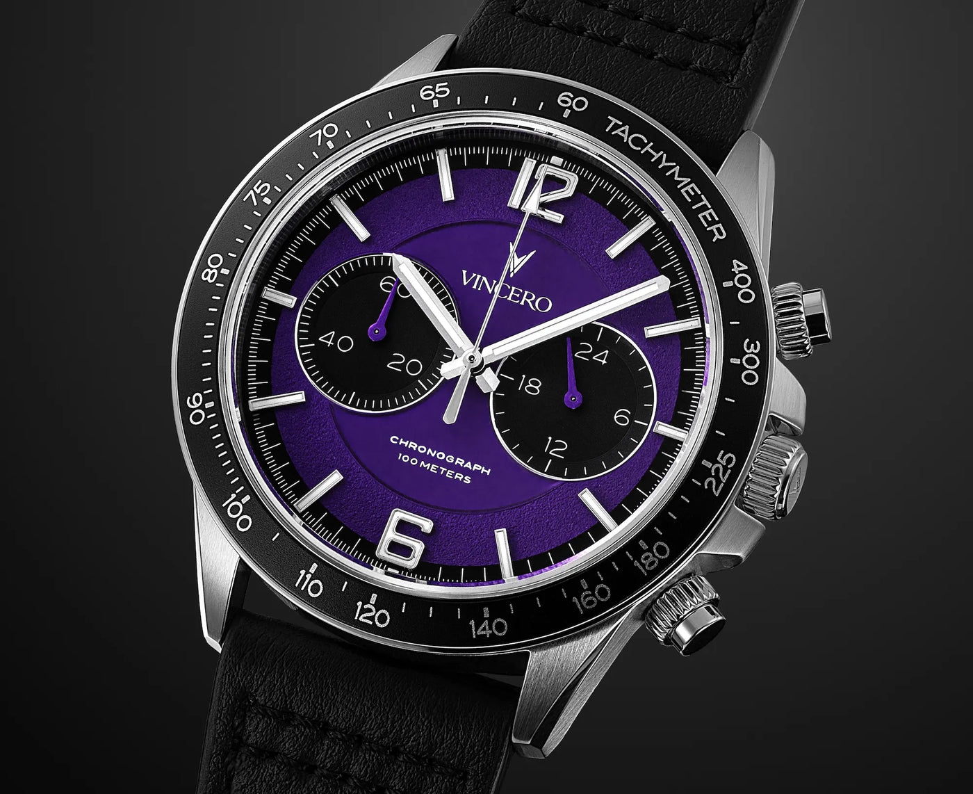 Close-up of the Apex Limited Edition Ultraviolet watch, featuring a violet face, black and silver casing, and black band.