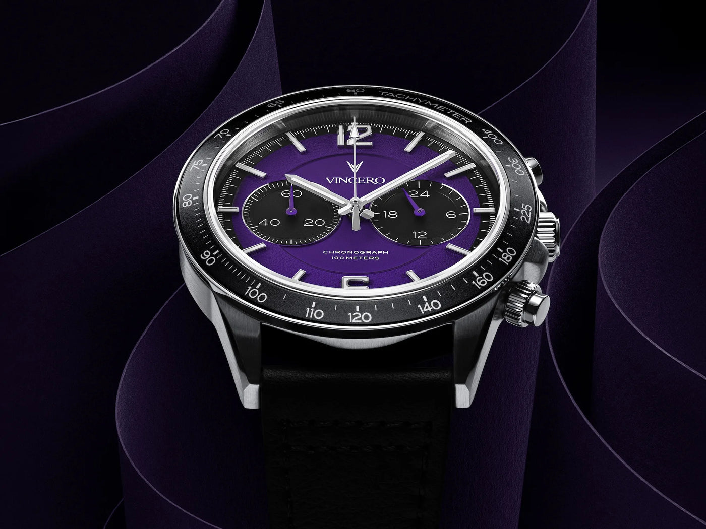Close-up of the Apex Limited Edition Ultraviolet watch, featuring a violet face, black and silver casing, and black band.